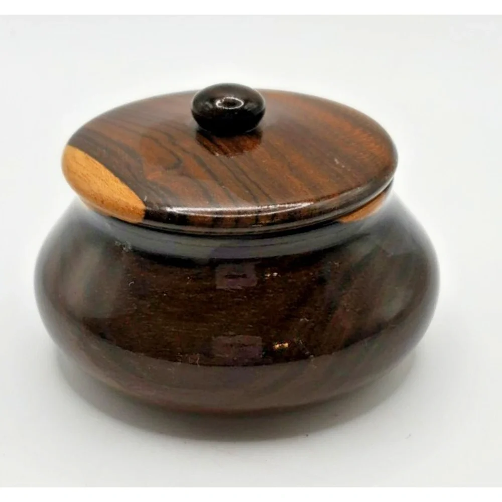 Vintage Hand Turned Wooden Trinket Bowl‎ W/ Lid 2